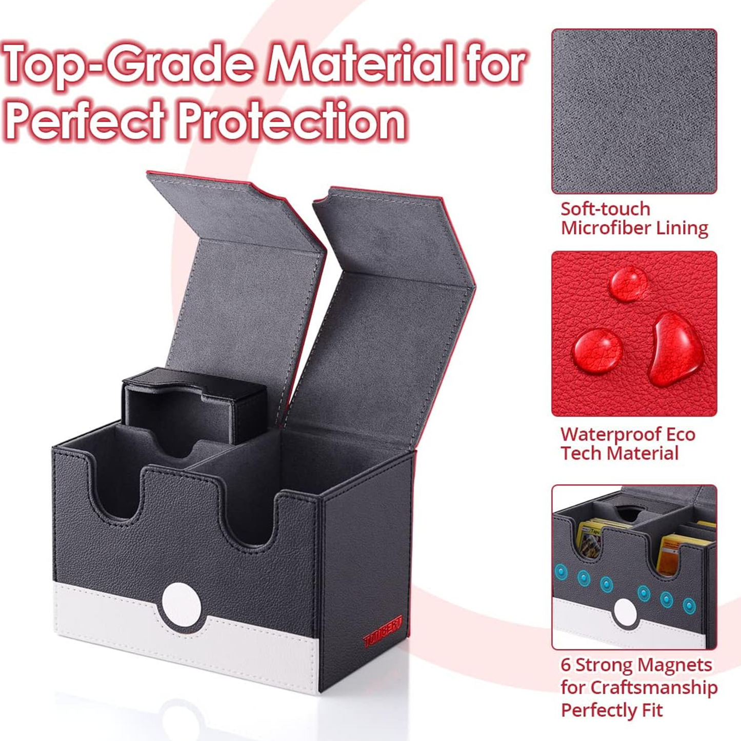 tombert Card Deck Box with 2 Dividers and a Dice Tray for MTG Cards, 380+ Card Storage Box Fits 150 Double Sleeved Cards for TCG CCG (Red &White)