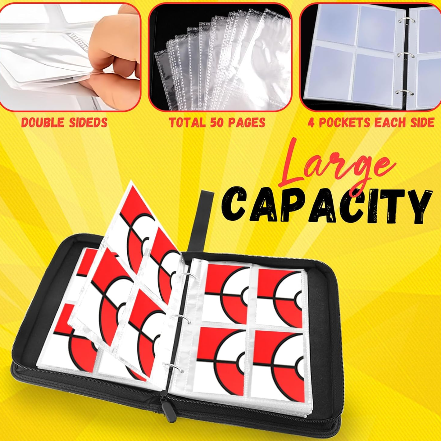 Card Binder 4 Pocket, Trading Card Holder Fits 400 Cards with 50 Removable Sleeves, Large Capacity & Waterproof Zipper Album Holder for Trading Card Collector, Portable Collection Card Album for Cards