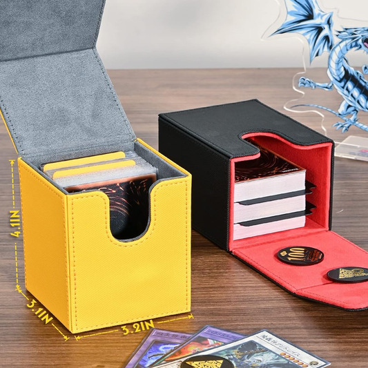 Card Deck Box for Yugioh MTG Cards, 100+ Deck Case with 2 Dividers Fits TCG CCG, PU Leather Card Storage Box Compatible with Collectible Trading Cards (Black & Red, Extinction Dragon)
