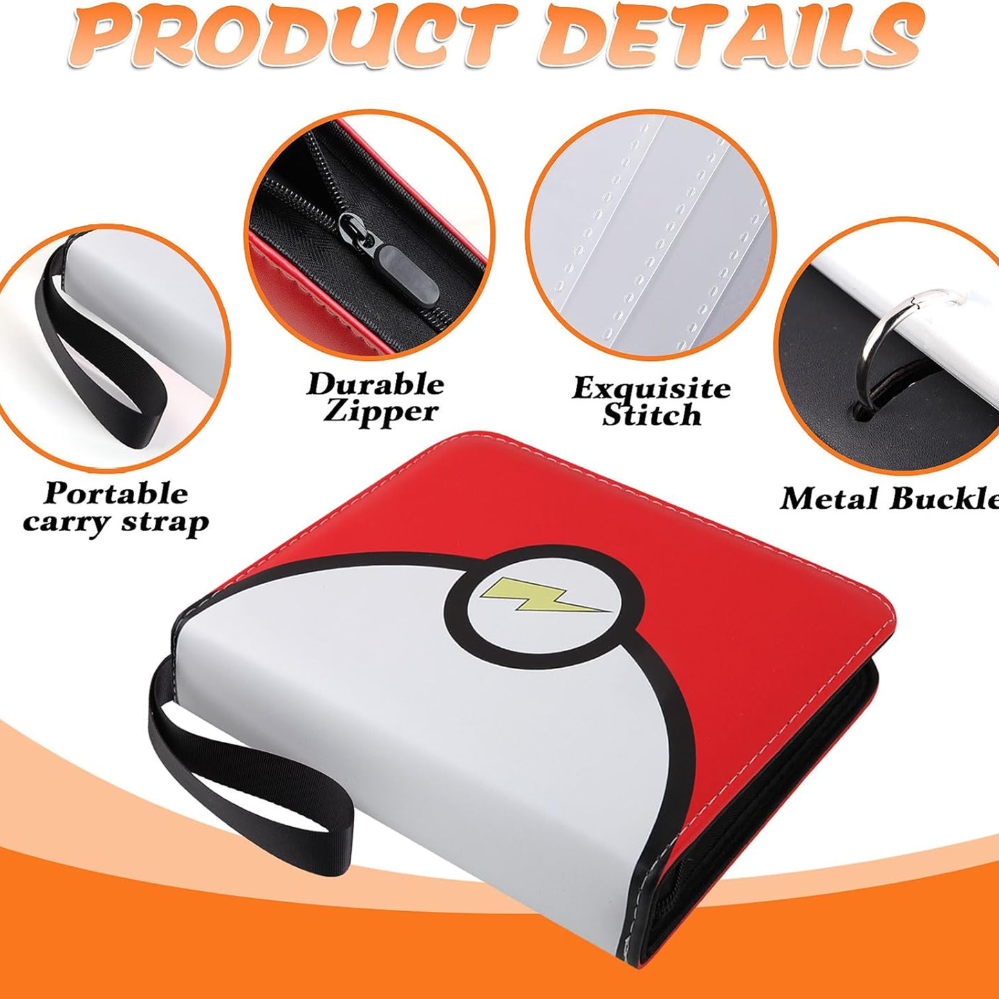 4-Pocket Card Binder, 400-Card Trading Card Holder with 50 Removable Sleeves, Large-Capacity Waterproof Zipper Album for Collectors, Portable Game Card & Credit Card Organizer Book - Red