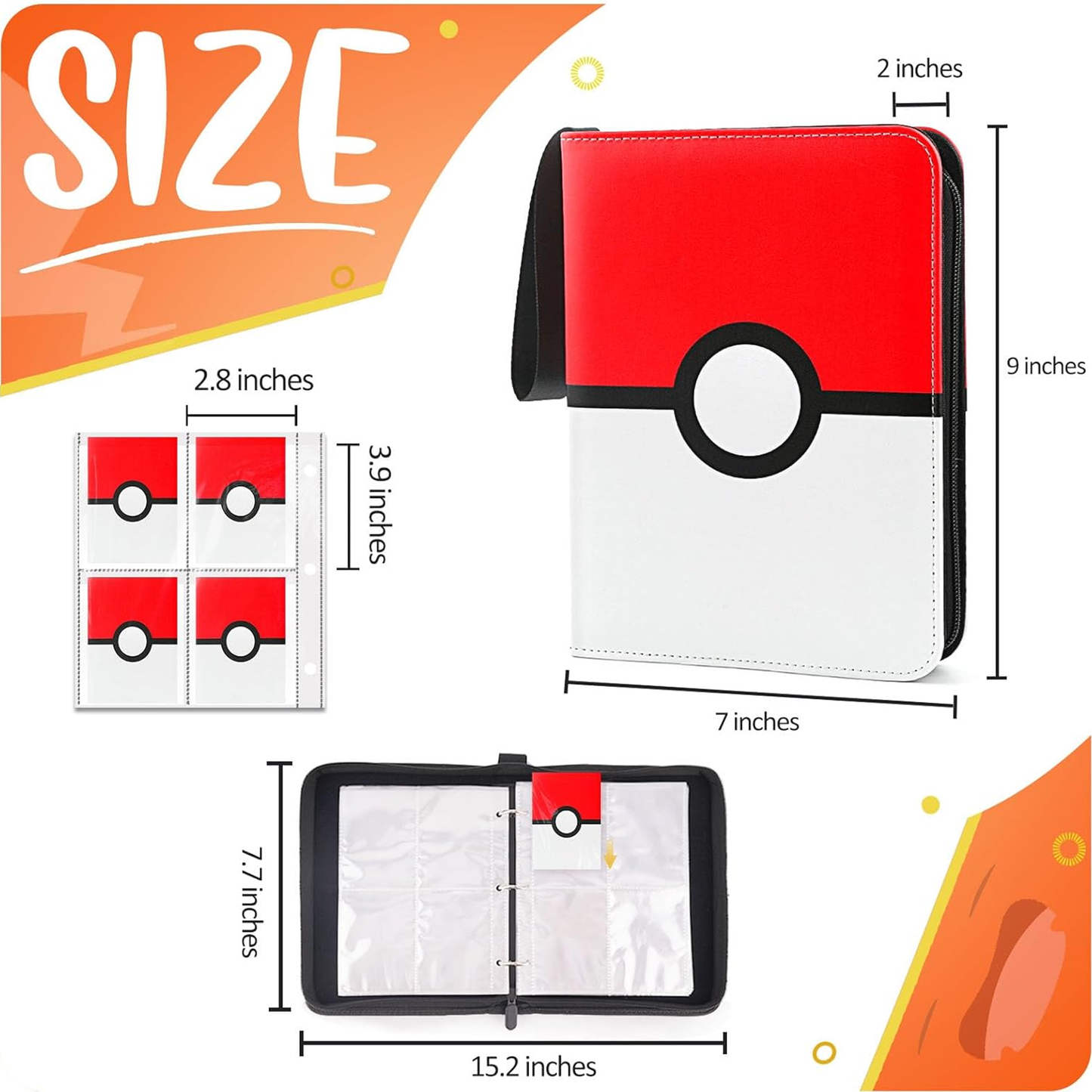 Card Binder 4 Pocket, Trading Card Holder Fits 400 Cards With 50 Removable Sleeves, Portable Collection Card Ablum, Game Card Case book With Zipper for Gift, Red