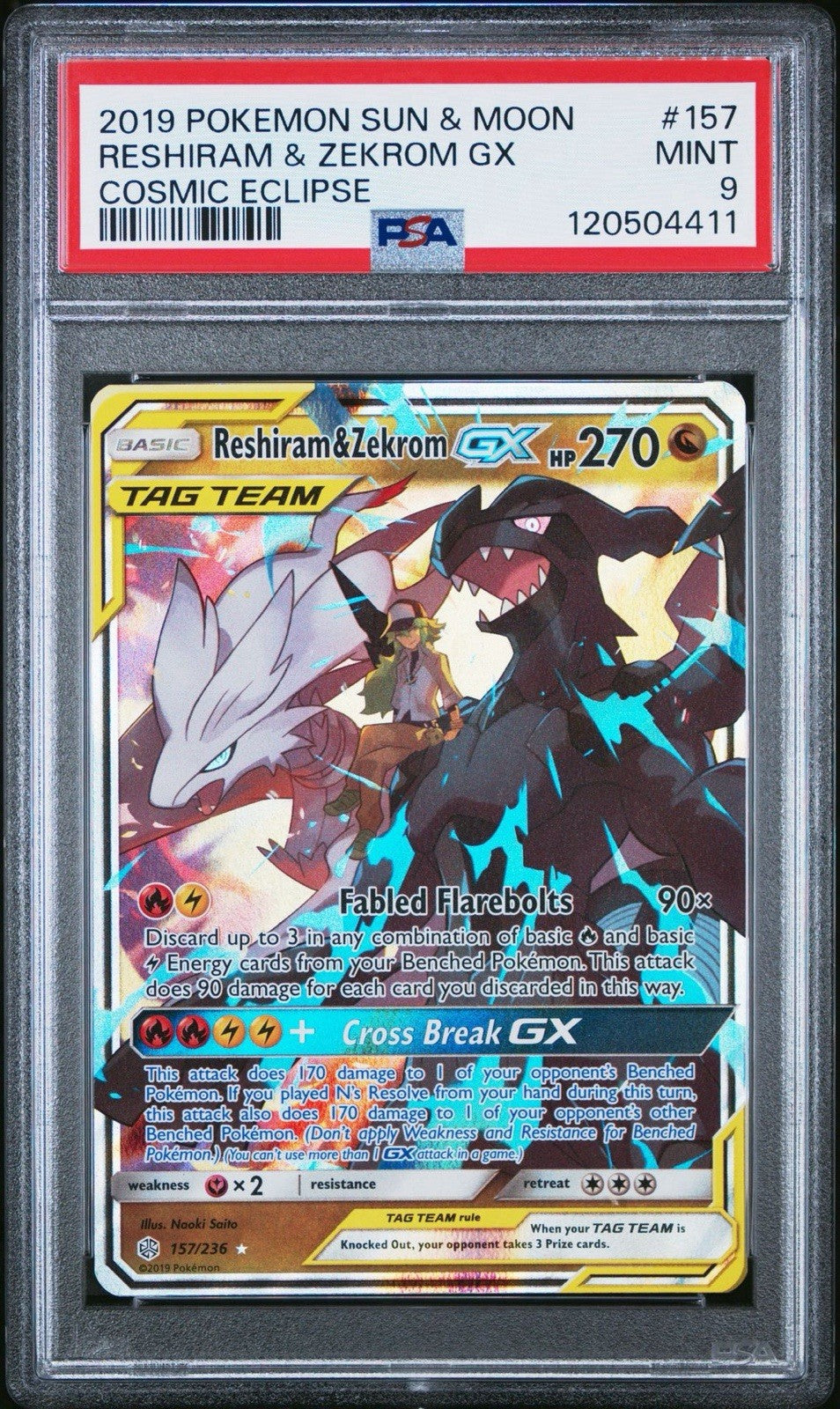 2019 Pokémon Sun & Moon Reshiram & Zekrom GX Cosmic Eclipse PSA 9 #157 Mint (English Version)