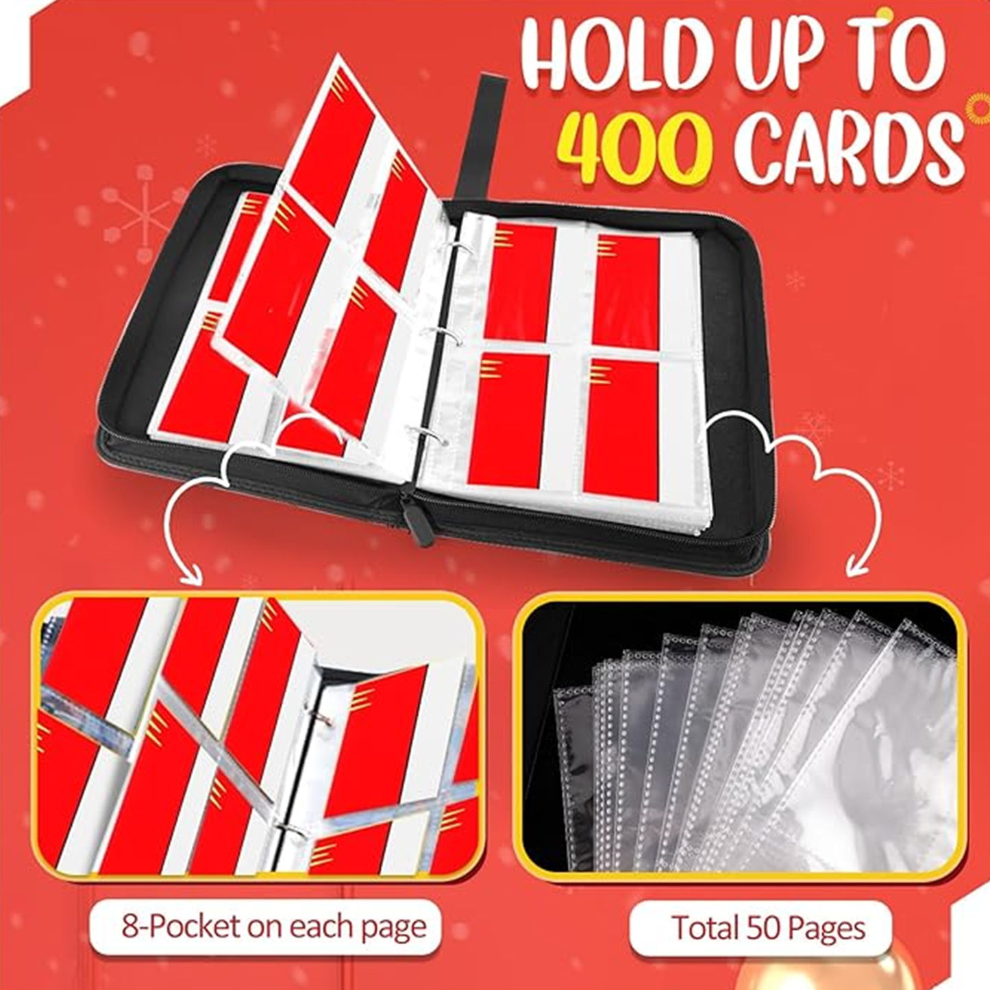 Card Binder 4 Pocket, Collectible Trading Card Albums Fits 400 Cards with 50 Removable Sleeves, Portable Trading Card Binder Collection Album Holder, Game Card Case book With Zipper for Gifts, L-Green