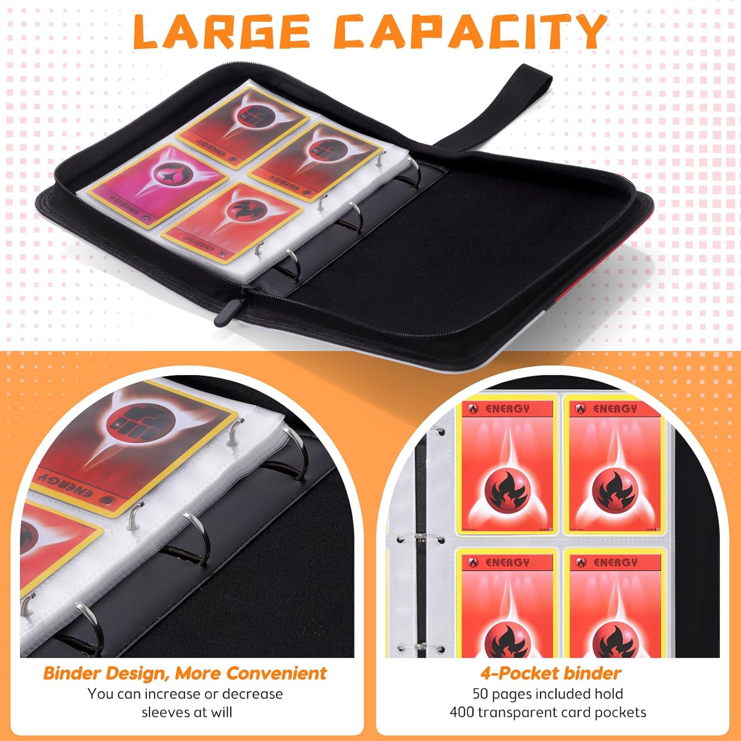 Card Binder 4-Pocket, Trading Card Collector with 50 Removable Sleeves, 400 Cards Pocket Portable Album Holder Book(Red)