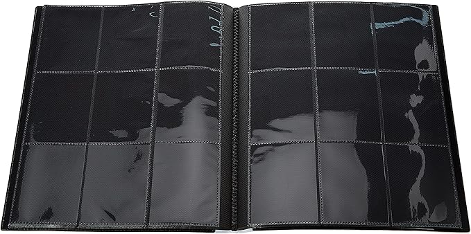 Black photo album with clear plastic pages on a white background