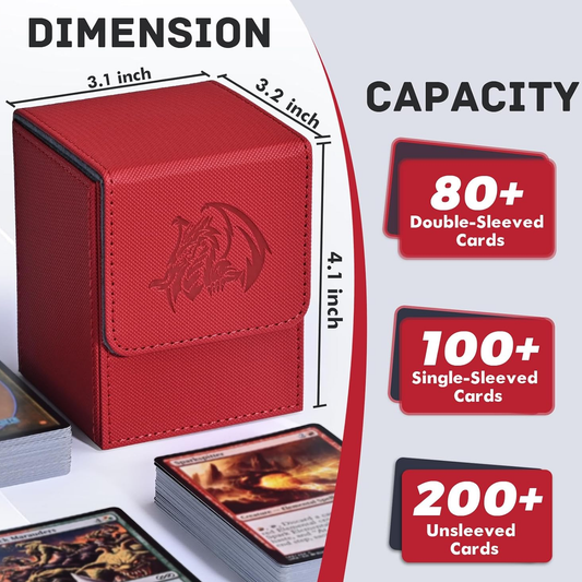 ZLCA Card Deck Box for Trading Cards with 2 Dividers, Card Storage Box Fits 100+ Single Sleeved Cards, PU Leather Strong Magnet Card Deck Case Holder for Magic Commander TCG CCG (Red,Emperor Dragon)
