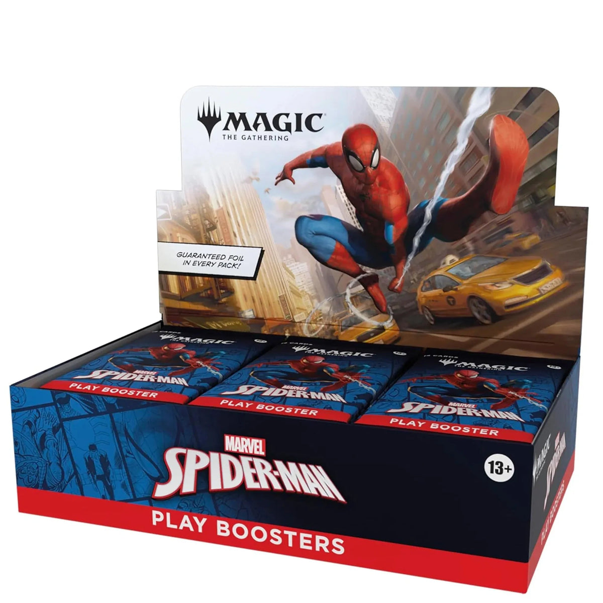 A Magic: The Gathering Marvel Spider-Man play booster display box with several individual booster packs inside. The packaging features Spider-Man artwork and the Magic logo, with text at the top stating orders will ship by the 2nd week of August.