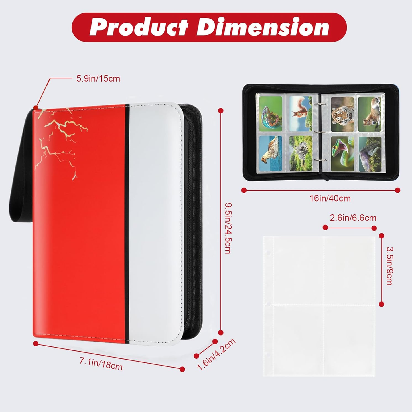 Trading Card Binder, 4 Pocket 400 Cards Holder with 50 Removable Sleeves Display Storage Collector Album Compatible with Pokemon Cards TCG Game Football Sports Cards Red
