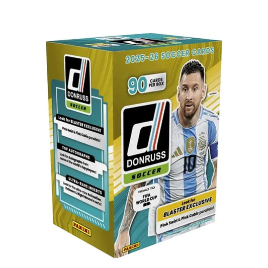 A box of Donruss Soccer 2025-26 trading cards, featuring Lionel Messi on the front, with yellow, green, and black packaging.