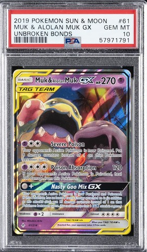 pokemon sun moon gx cards 2019 POKEMON SUN & MOON UNBROKEN BONDS #61 MUK & ALOLAN MUK GX PSA 10 – PokéTCG