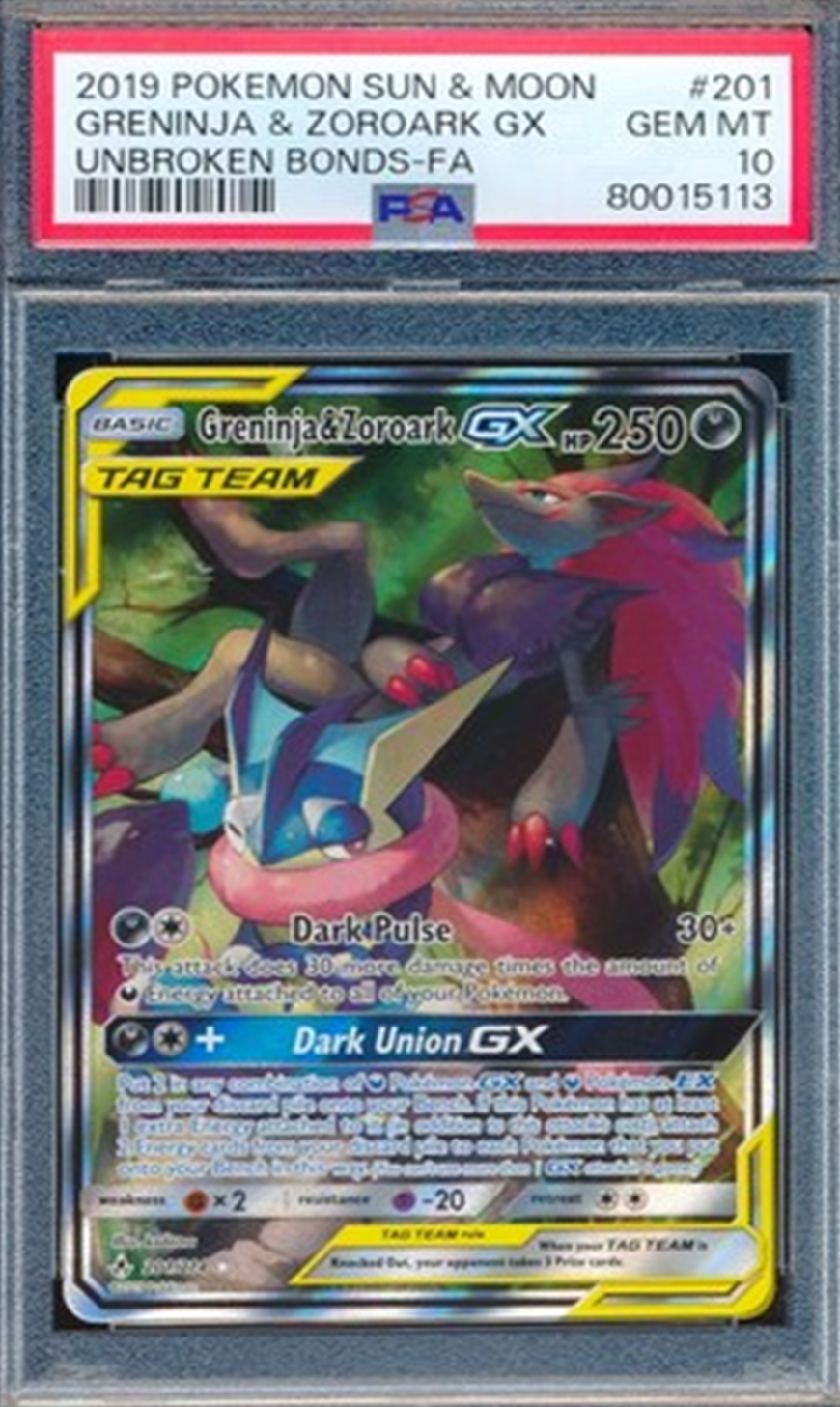 PSA 10 GRENINJA & ZOROARK GX 2019 POKEMON SUN & MOON UNBROKEN BONDS FULL ART 201 (English Version)
