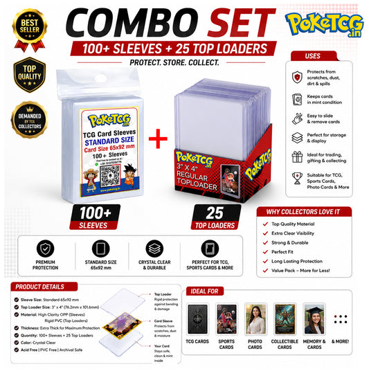 A promotional infographic for a Pokémon TCG combo set containing 100+ card sleeves and 25 top loaders. The image features product packaging mockups, detailed specifications, usage benefits, and ideal use cases on a clean white background.