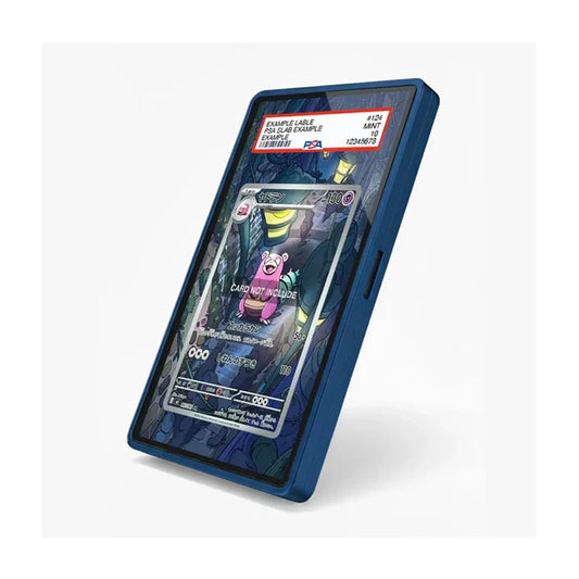 A dark blue protective phone case with a custom printed graphic insert, shown on a light gray background. The graphic insert features a Pokémon card design with a pink creature and Japanese text, along with a PSA grading label at the top.