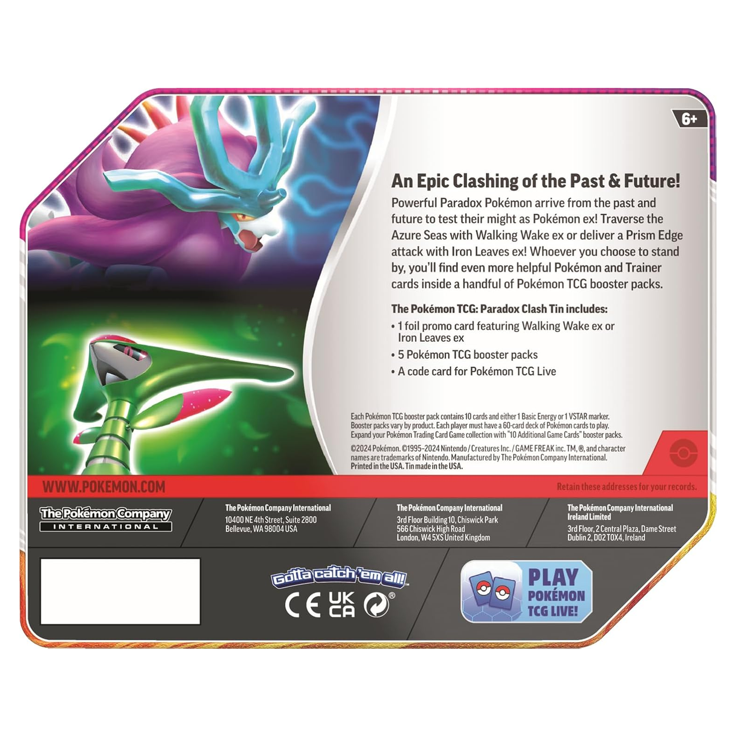 POKEMON TCG: Paradox Clash TIN: Iron Leaves EX OR Walking Wake EX (Random tin)