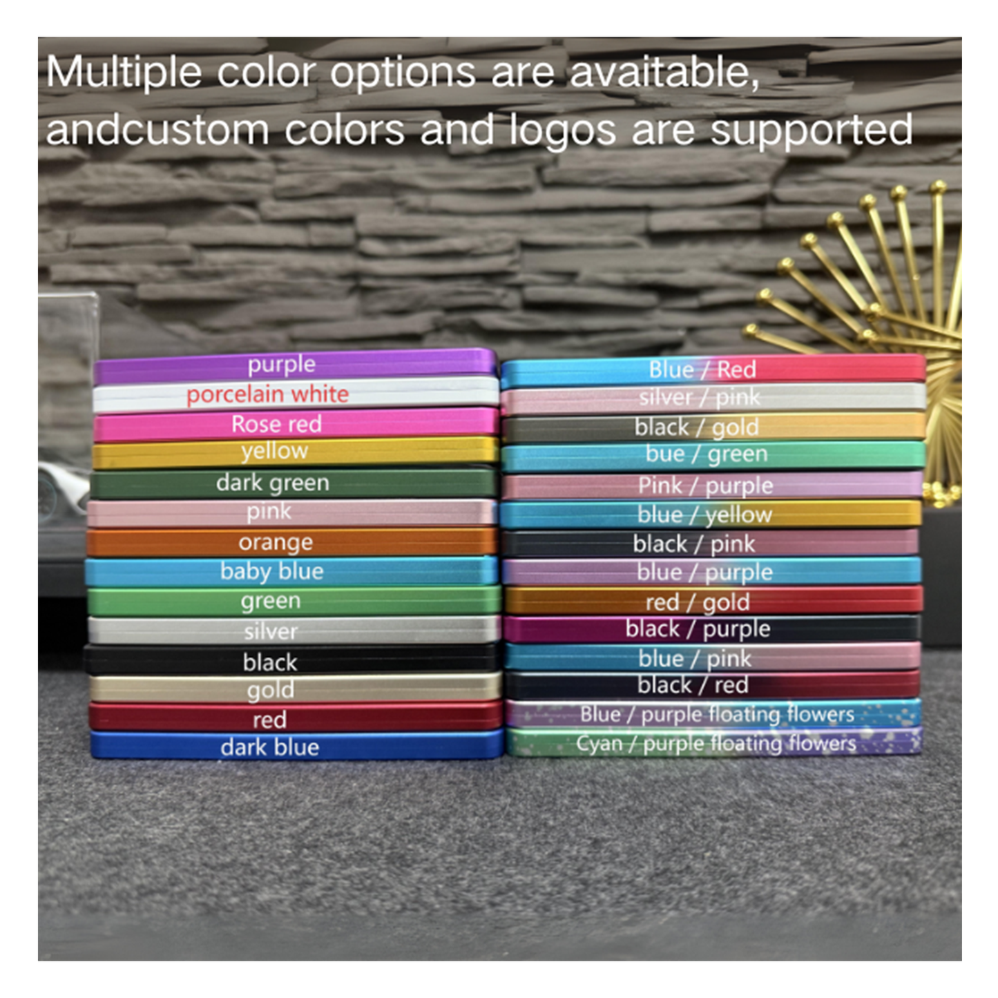 Stacks of colorful items with color options listed against a stone wall background.