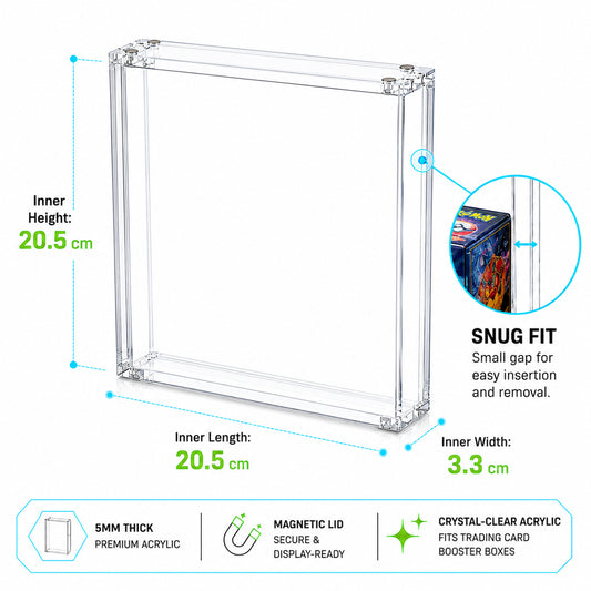 Clear acrylic display box with dimension labels showing inner height, inner length, and inner width of 20.5 cm, plus a circular inset showing a snug fit and a feature banner at the bottom.