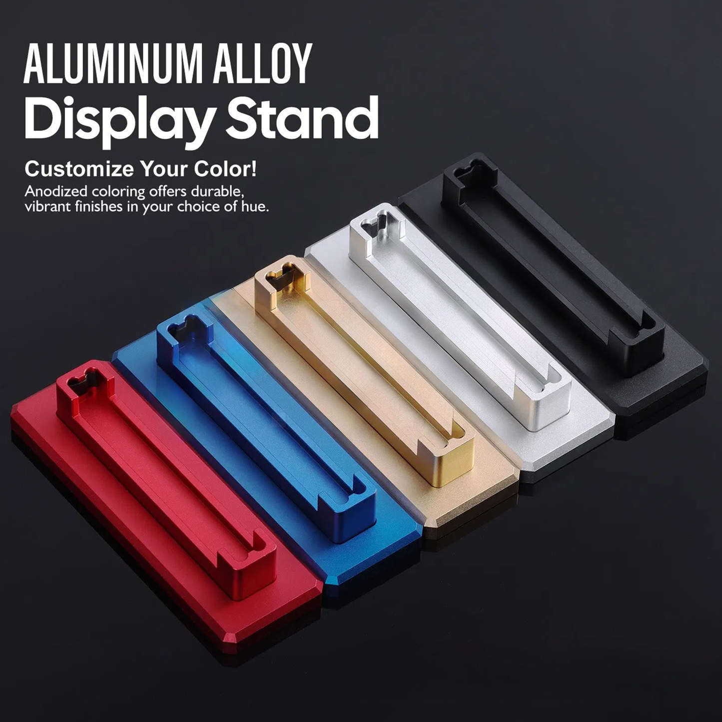Aluminum alloy display stand in various colors on a dark background