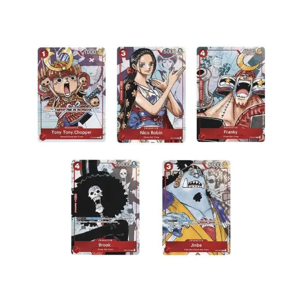 Five trading cards featuring animated characters on a white background