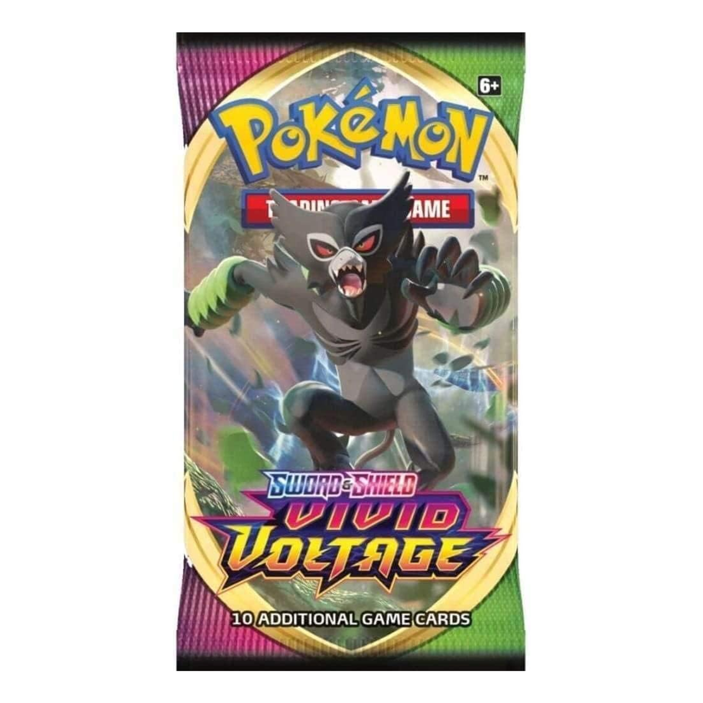 Pokémon Sword & Shield Vivid Voltage trading card game pack with a Pokémon character on the cover.