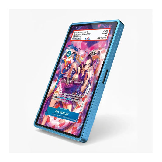 A blue protective phone case shown on a smartphone, featuring a colorful anime-style graphic on the screen and a white sample label at the top, set against a plain white background.