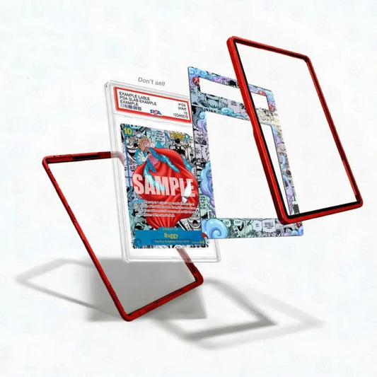 Comic book card with red border and sample text on a white background
