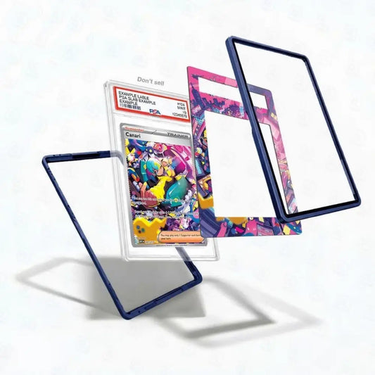 Card with colorful design and protective blue frame on a white background