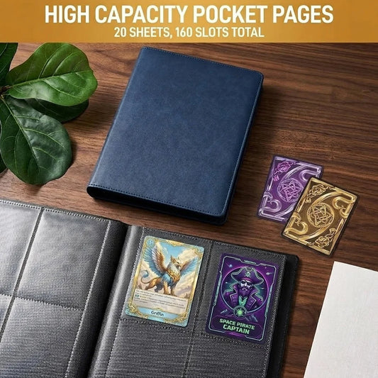 Blue card holder with cards on a wooden surface, text indicating high capacity pocket pages.