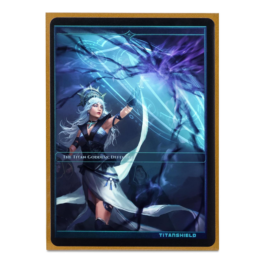 Card featuring a fantasy character with white hair and armor, surrounded by blue and purple energy effects, on a white background.