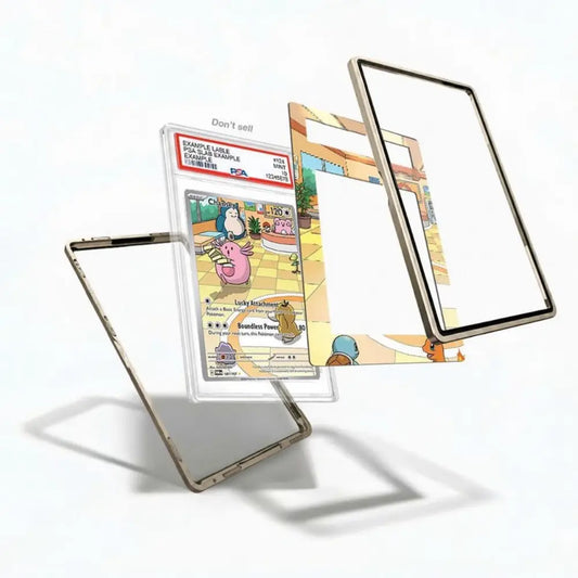 Card with a character design in a protective case on a white background
