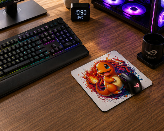 A large rectangular gaming mousepad with a colorful Yu-Gi-Oh! anime character print, shown on a wooden desk with a black gaming mouse resting on it. Surrounding the mousepad are a keyboard, monitor, PC tower with RGB lighting, and headphones.