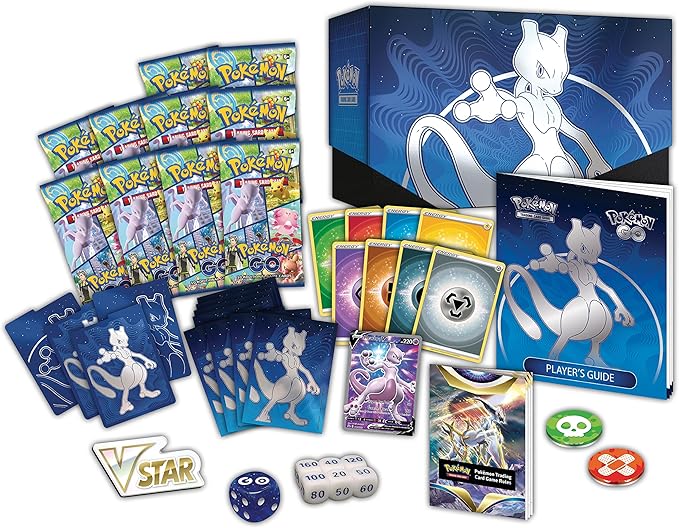 Collection of Pokémon trading cards, packaging, and accessories on a white background