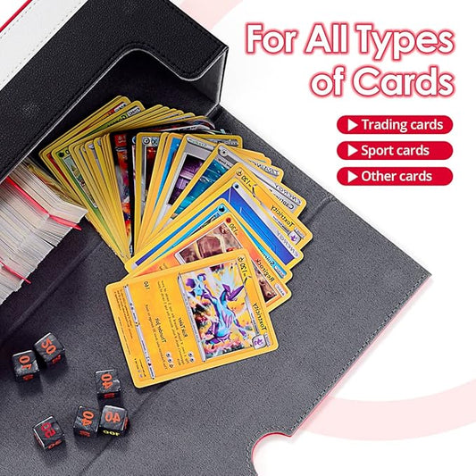 Collection of trading cards and dice on a card storage book with text indicating compatibility for various card types.