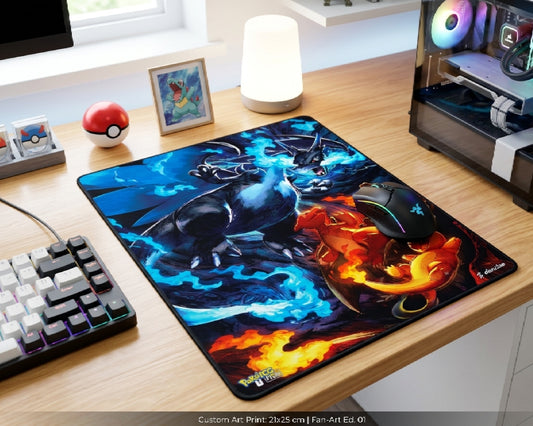 Large custom Mega Charizard X fan art gaming mouse pad with vibrant blue and orange flame effects beside RGB gaming PC and Pokémon themed desk decor