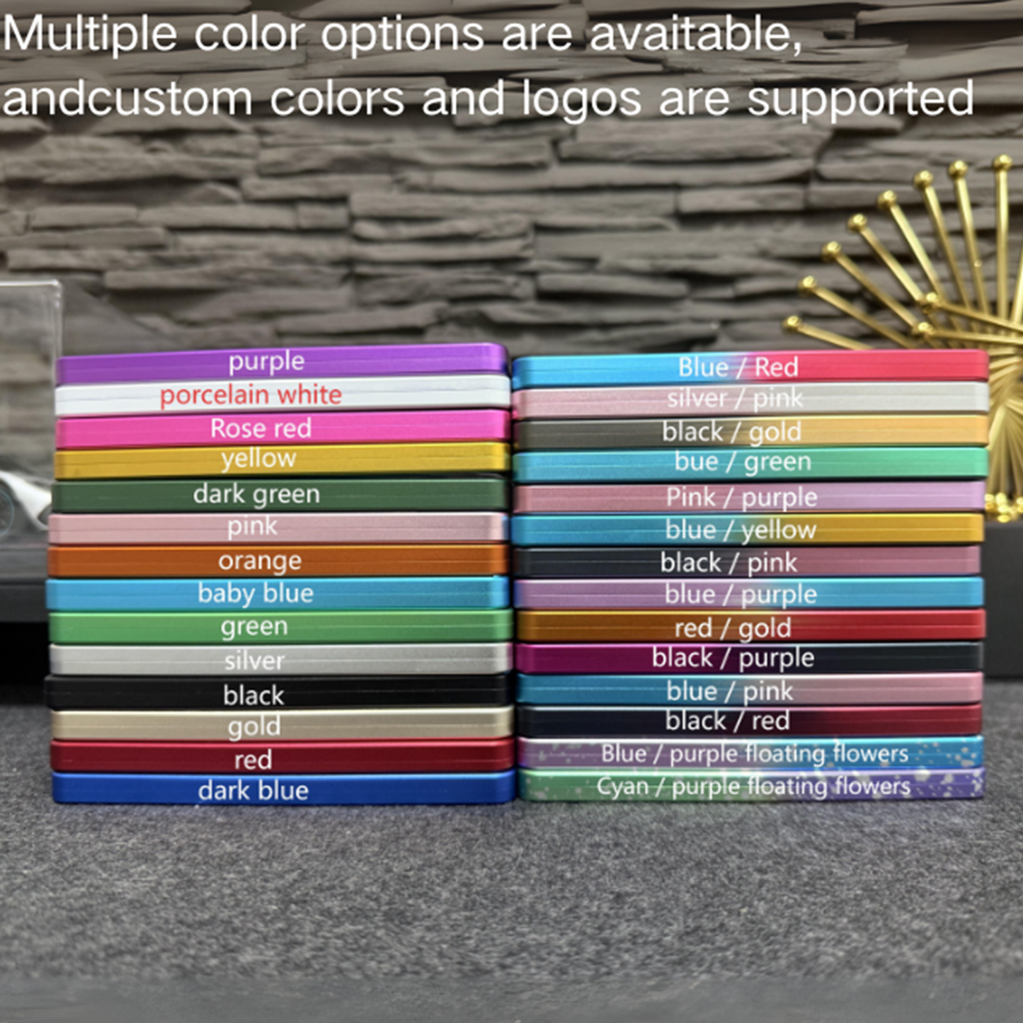 Stacks of colorful items with color options listed against a stone wall background.