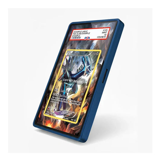 A blue protective card display case holding a Pokémon TCG card, shown on a clean white background. The case has a side button and a display window showing the card inside.