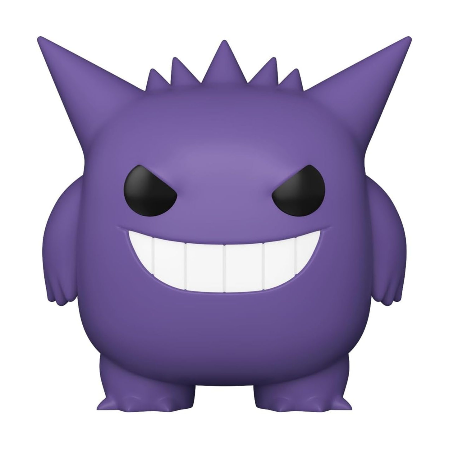 Purple cartoon character with black eyes and a wide smile on a white background