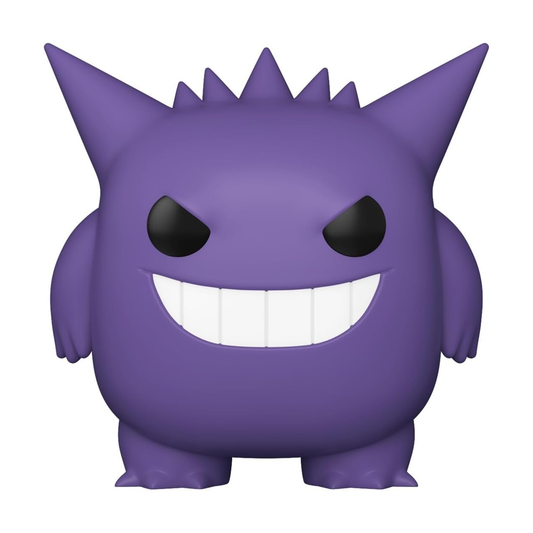 Purple cartoon character with black eyes and a wide smile on a white background