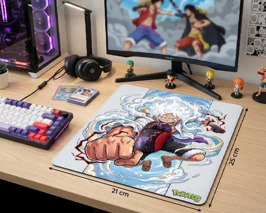 Large Gear 5 Luffy anime mouse pad with measurement display on a modern RGB gaming desk featuring One Piece figurines, gaming headset, and mechanical keyboard