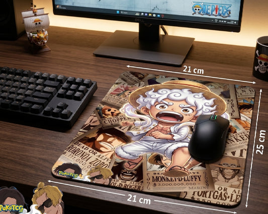 Square Gear 5 Luffy One Piece mouse pad with wanted poster themed background and printed 21 cm x 25 cm size dimensions displayed on a modern gaming desk setup