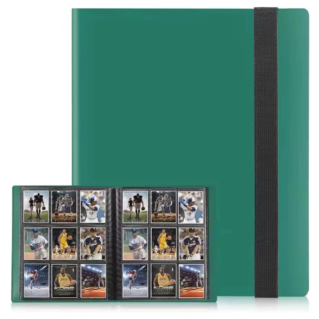 Green trading card album with black binding holding various sports trading cards on a white background