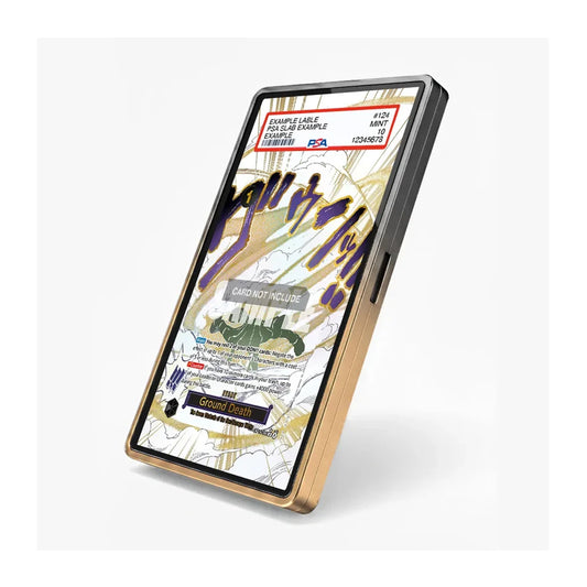 A smartphone shown at an angle with a gold-toned metallic frame and a black screen bezel, displaying a map-style interface with text and graphics. No person, animal, or real environment is present, so this is Product/Packaging rather than Lifestyle.