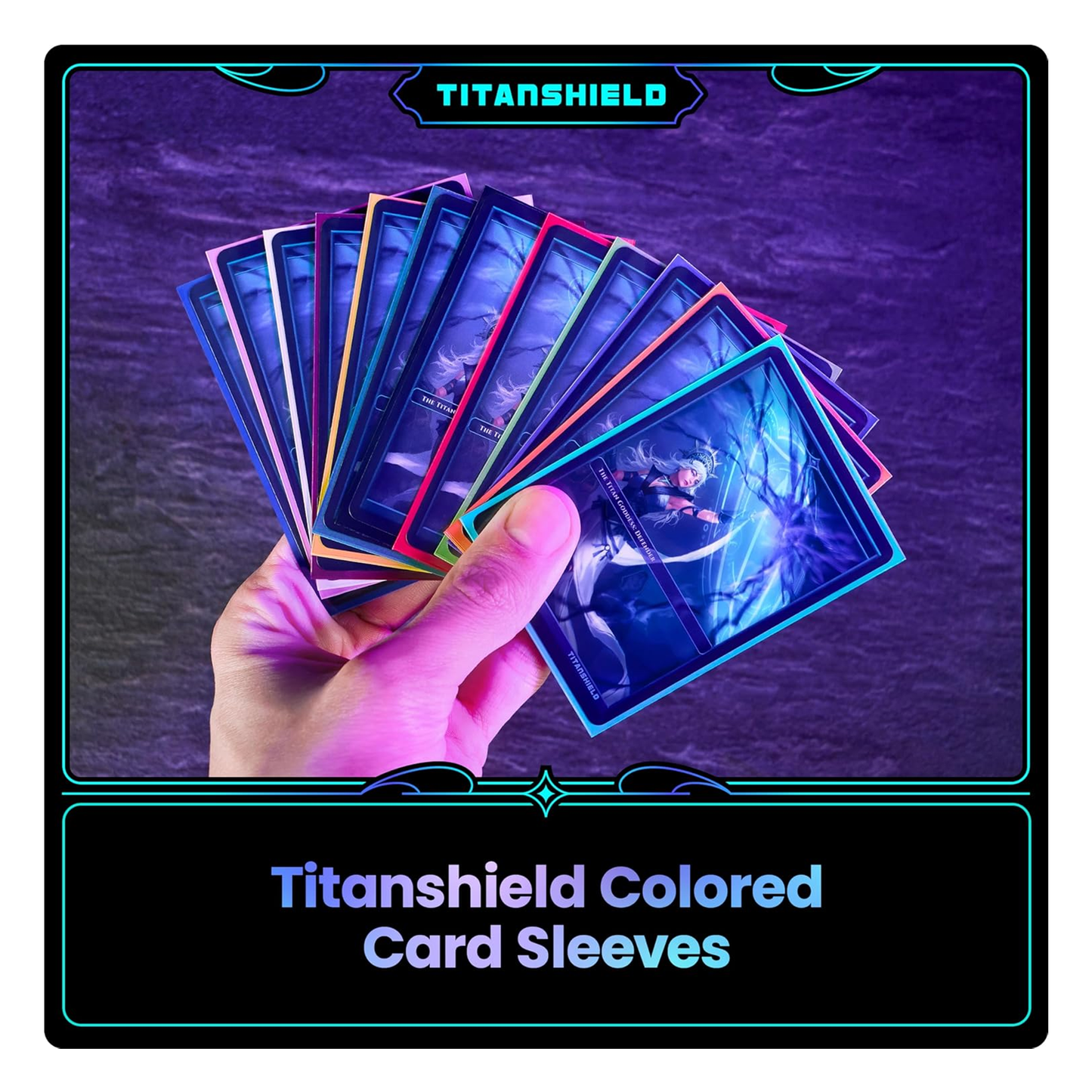 Hand holding Titanshield colored card sleeves against a dark background