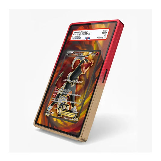 A custom red and gold magnetic card case holding a PSA graded holographic Pokémon card, shown on a clean white background.