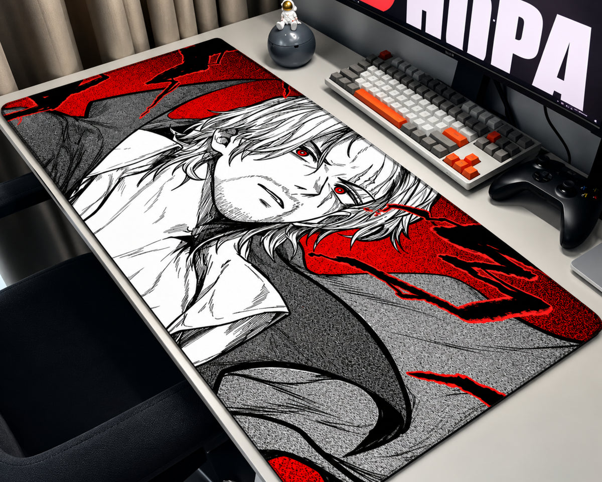 Ken Kaneki Tokyo Ghoul anime gaming mouse pad featuring a black and white manga portrait, intense red eyes, and a dramatic red and black background.