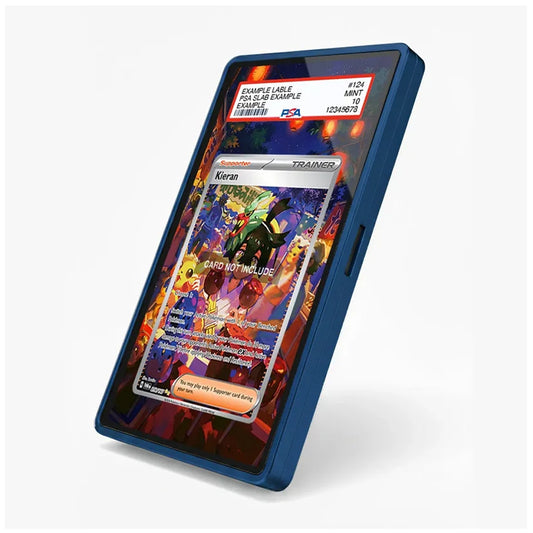A blue protective case around a tablet device, shown at an angle on a light gray background. The screen displays a colorful card game interface with a Keran card and a sample label at the top.