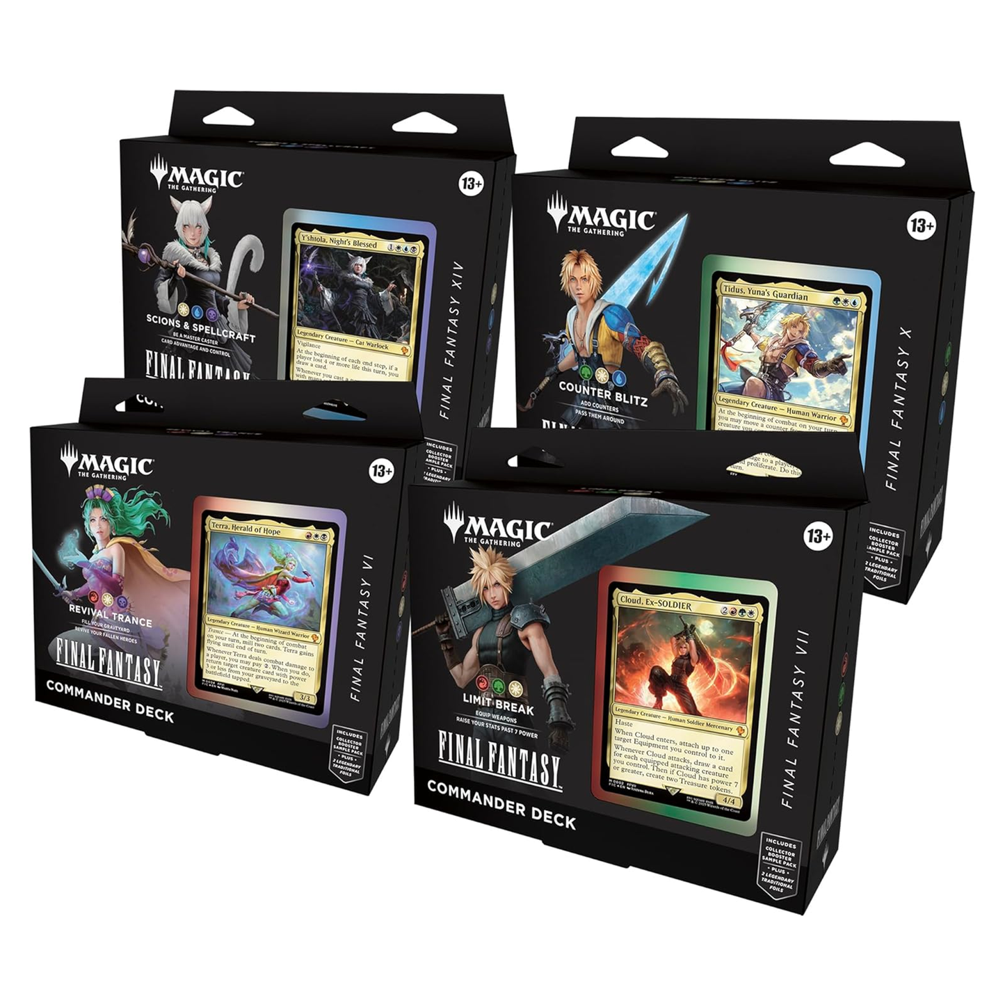 Collection of 'Magic: The Gathering' and 'Final Fantasy' trading card game boxes on a white background
