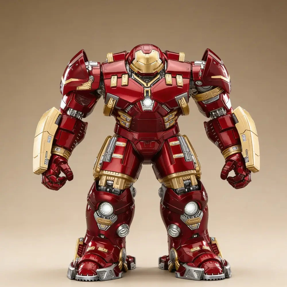 Red and gold robot suit on a beige background