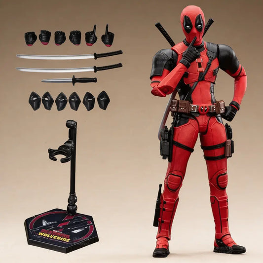 Deadpool action figure with accessories on a beige background