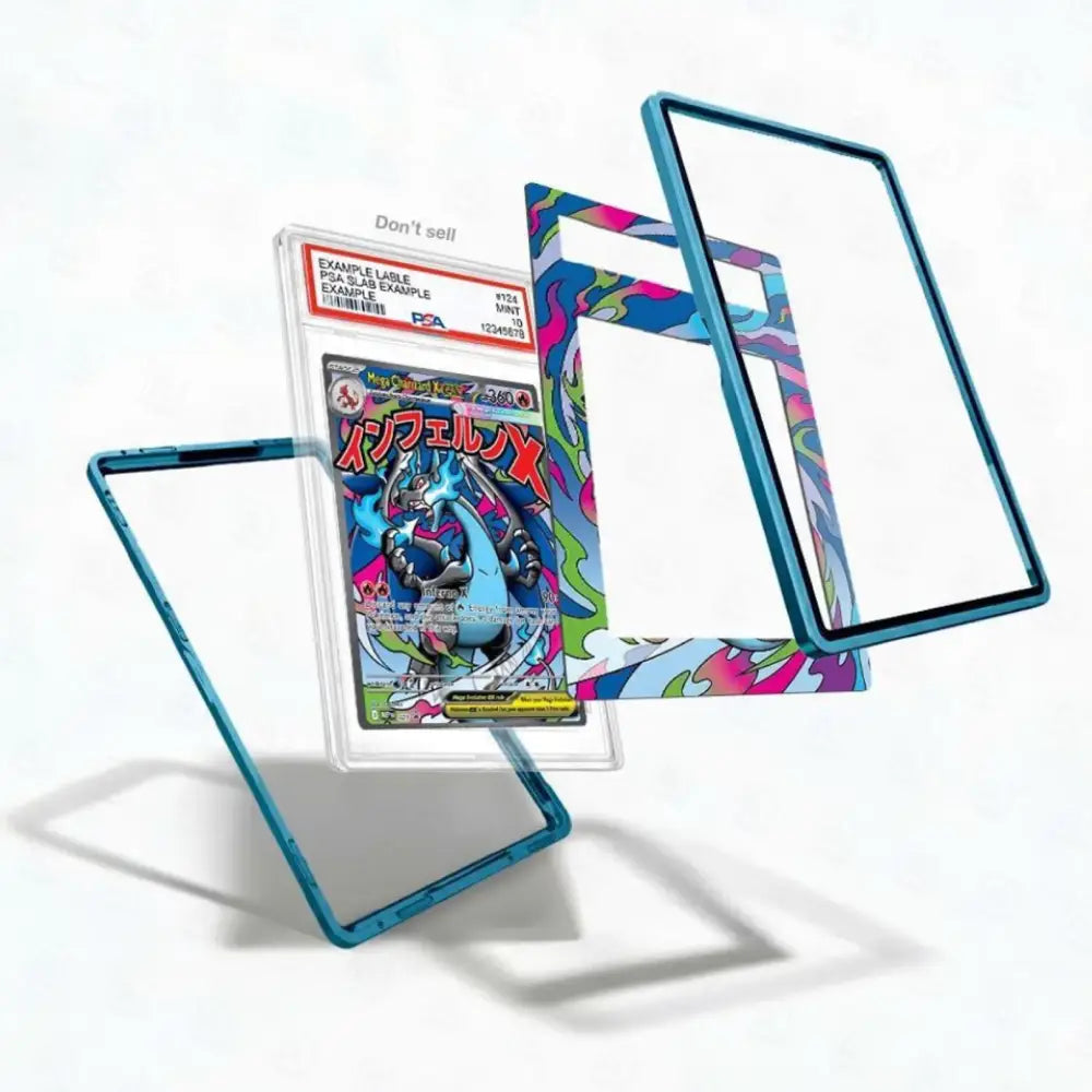 Trading card in a colorful protective holder on a white background