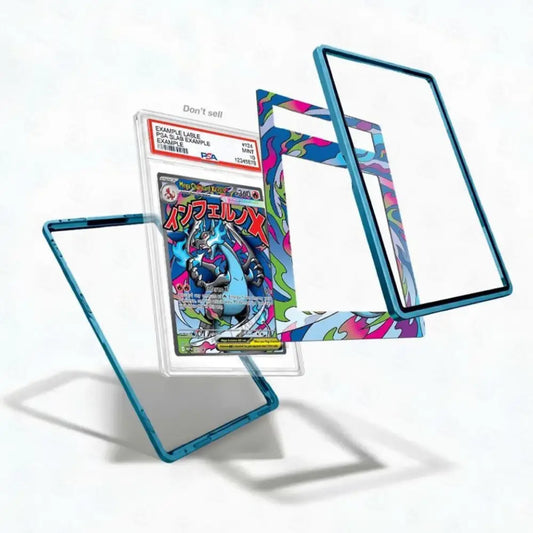 Trading card in a colorful protective holder on a white background
